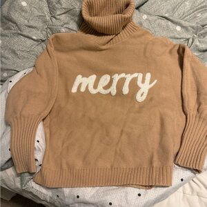 Tan Turtleneck Sweater with 'Merry' Design